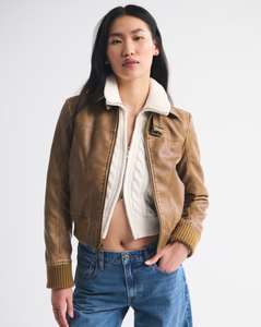 LEDUO Vintage Breathable Windproof <b>Spring</b> Short Brown PU Leather Shrunken Bomber <b>Jacket</b> with Zipper for <b>Women</b> - Product Image 2