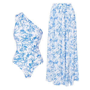 Women 2Pcs Leaf Print One Shoulder One Piece <b>Swimsuit</b> With Split Long Cover Up <b>Skirt</b> Ruched Side Monokini Beach Swimwear Set - Product Image 6