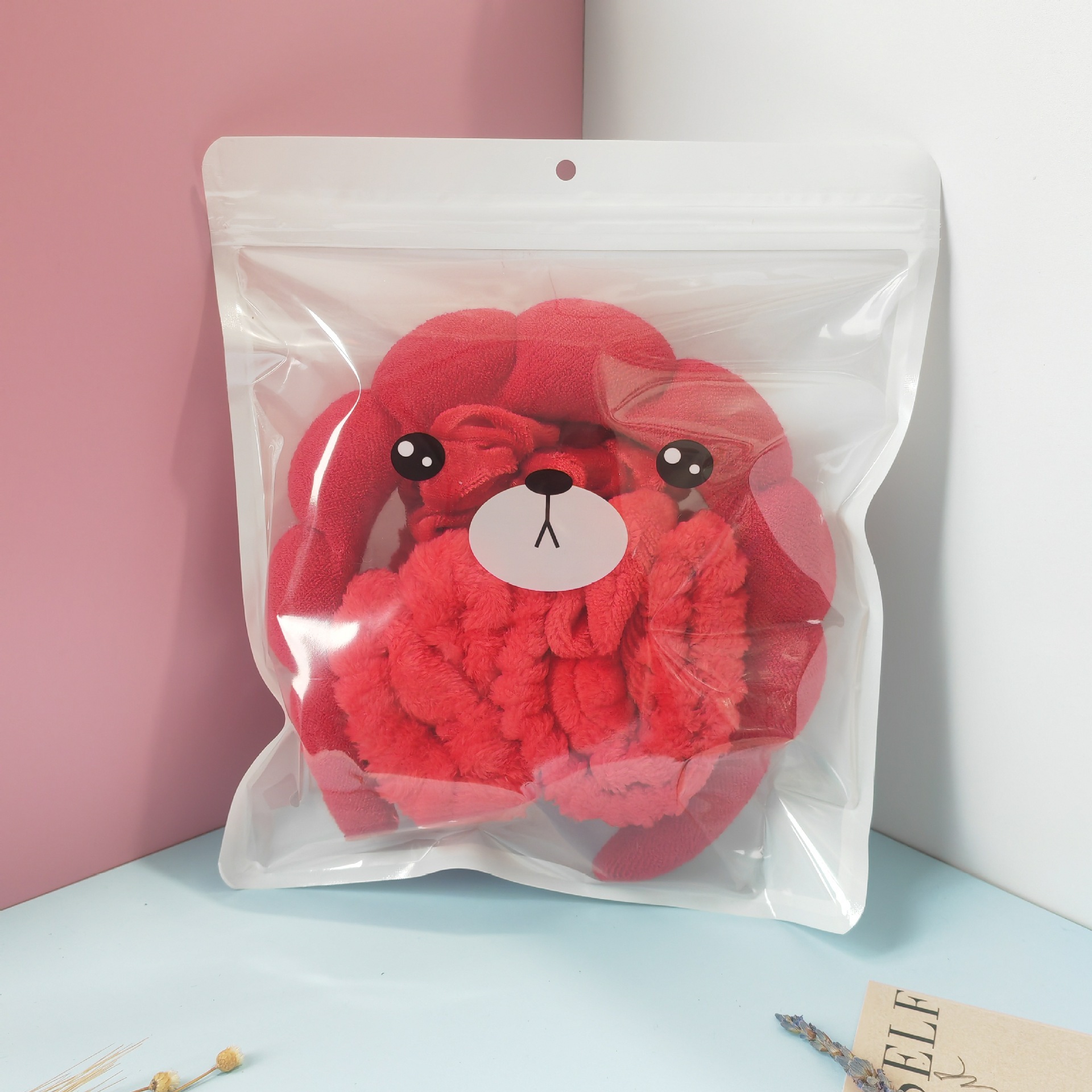 Sac à fermeture éclair pour ensemble d'élastiques à cheveux en velours rouge vif, six pièces