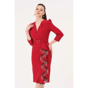 Robe décontractée élégante pour femmes DANS, couleur rouge unie, style polyvalent mi-long pour le printemps et l'été, tailles 38-42 - Product Image 4