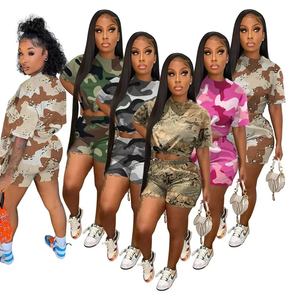 Luze 2024 Zomer Trendy Prints Vrouwen Kleding Crop Top Losse Camouflage Shorts Vrouwen Tweedelige Set