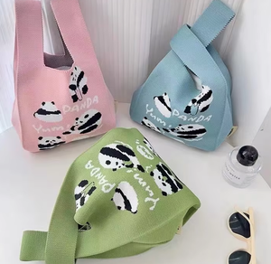 Women's Cute <strong>Panda</strong> Knitted Wool Bucket <strong>Bag</strong> Japanese Korean Style All-Match Casual Tote Hand-Carried Polyester Open Lunch Box - Product Image 5