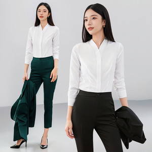 White V-Neck Long Sleeve Shirt Women 80% Cotton Solid Color Professional Workwear For Office Job Interview Formal Wear - Product Image 1