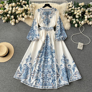 2025春季复古女式长裙优雅正装V领系带自然腰围印花半身裙半透明灯笼袖 - Product Image 4