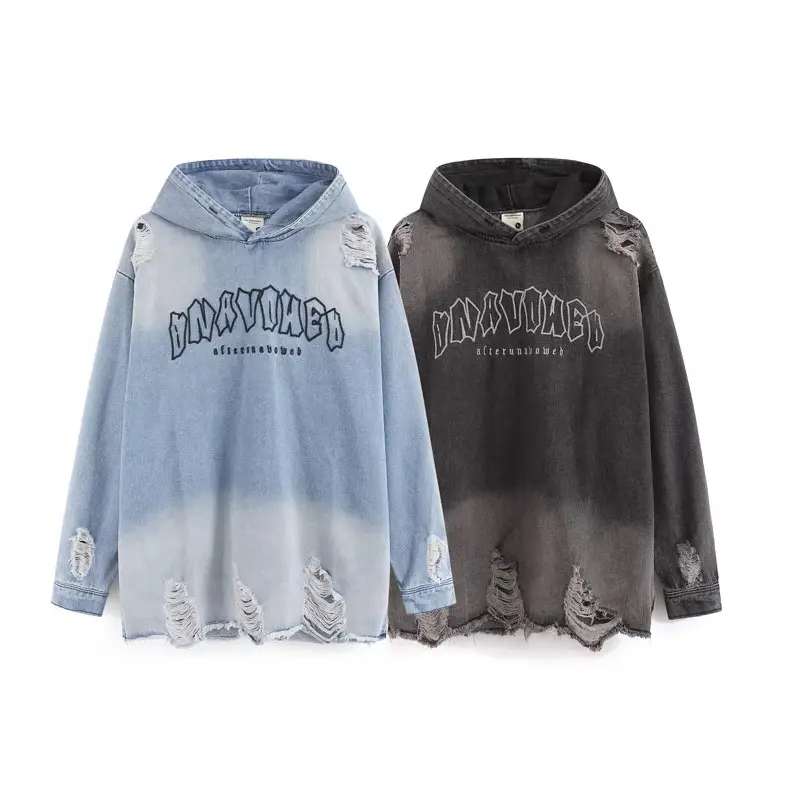 Sudaderas con capucha suéter desgastado Y2K jersey de mujer con capucha ropa de calle dobladillo crudo rasgado Denim lágrimas sudaderas con capucha para hombres