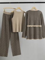 B578 Ensemble Pull en Coton Femme 2 ou 3 Pièces Tenues Hauts Courts/Manches Longues en Tricot Pantalons Taille Haute Jambe Large Ensembles de Détente