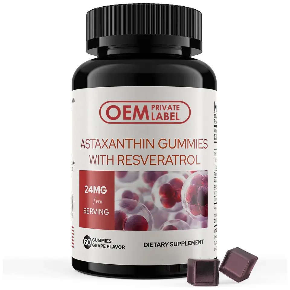 Biocaro OEM astrxanthin Gummies pemutih kulit, suplemen Krill Anti Penuaan pemutih kulit untuk wanita kesehatan astraxanthin Resveratrol