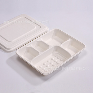 Barquette à cinq compartiments en pulpe de canne à sucre, blanche, biodégradable, pour plats à emporter, idéale pour le camping - Product Image 1