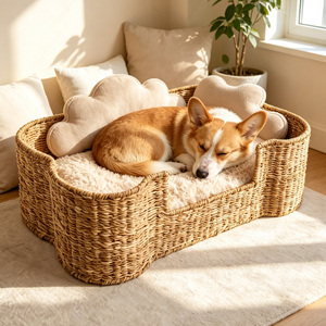 Lit pour animaux de compagnie en forme d'os, en jonc de mer, maison de repos confortable pour chats, panier pour animaux de compagnie en rotin fait main - Product Image 3
