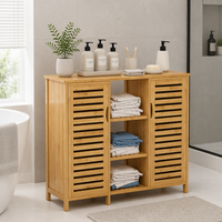 Meuble de salle de bain autoportant moderne en bambou avec portes, étagère de rangement multifonctionnelle à 3 niveaux pour salon - Vente en gros