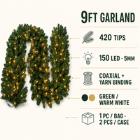 Guirlande de Noël LED pré-éclairée 9FT 420 LED, fil enroulé, vert blanc chaud, décoration commerciale, homologuée UL, vente en gros