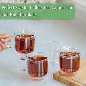 Tazas de té de vidrio de doble pared, personalizadas, 8oz, transparente, con mango, venta al por mayor