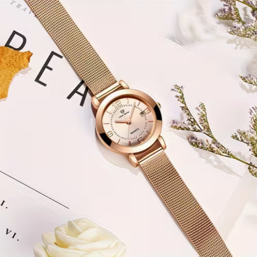 Elegant Women's Quartz Watch with Calendar, Stainless Steel Mesh Band, Luminous Hands - Perfect Gift for Her  NW0006