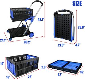 Chariot de magasinage avec 2 caisses de rangement, chariot d'épicerie pliable multi-usage à deux niveaux chariot utilitaire robuste chariot pliant - Product Image 6