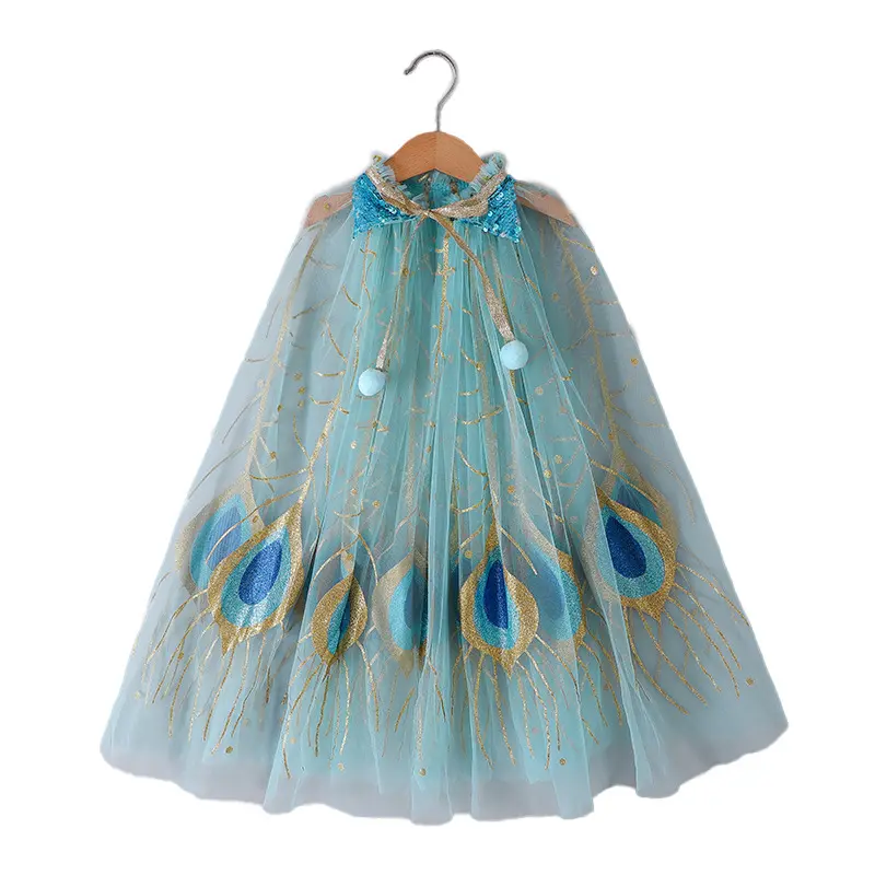 TPC-1 Delicate Wedding Flower Girl Cloak Shiny Tulle Halloween Christmas Shawl Peacock Printed Costume Cosplay Princess Dress