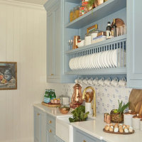 Meubles de cuisine modulaires écologiques, style Shaker bleu menthe côtier moderne avec îlot central