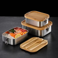 Boîte à lunch bento en acier inoxydable 304 écologique avec couvercle en bambou et 2 fermoirs, vente en gros d'usine, boîte à lunch en acier 18/8 avec couvercle en bambou