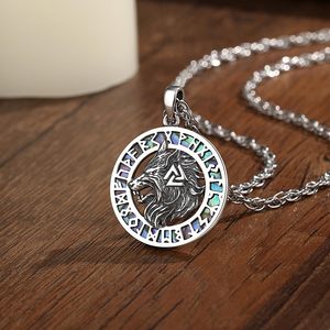 Collier pendentif vintage en argent sterling 925 avec tête de loup viking, runes nordiques celtiques anciennes, nacre de Changda - Product Image 3