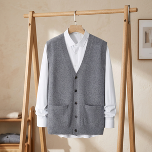 Cardigan d'hiver pour homme 100 % laine épaisse, col en V, respirant, infroissable, manches longues, fermeture à bouton unique, motif uni - Product Image 3