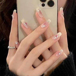 Blush Starlet Press <span class=keywords><strong>en</strong></span> las <span class=keywords><strong>uñas</strong></span> con <span class=keywords><strong>efecto</strong></span> de rubor y estrellas de cuatro puntos de metal <span class=keywords><strong>Uñas</strong></span> postizas extraíbles hechas a mano puras - Product Image 6