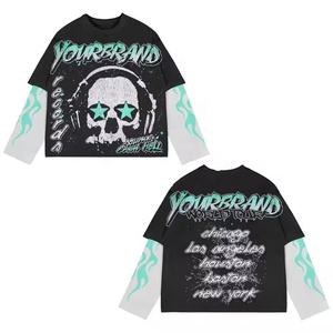 Camiseta personalizada Poping Dance Mock de <span class=keywords><strong>dos</strong></span> piezas con estampado de algodón rasgado desgastado Vintage de doble capa Camiseta de manga larga para hombres - Product Image 1