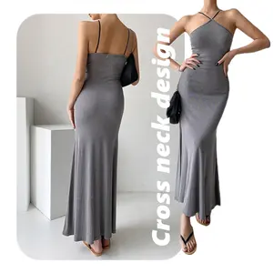 Straight Series Long Maxi Evening Formal Cross Neck Sleeveless Strap Adjustable One Piece Casual Womens Dresses