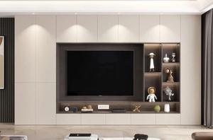 Meuble TV flottant de luxe sur mesure pour salon, mur de fond en bois avec rangement pour usage domestique - Product Image 2