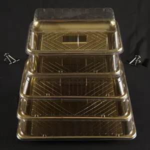 Disposable Gold Blister Cake Packaging Trays Box Rectangular Dessert Sushi Biscuit Container With Transparent Lid