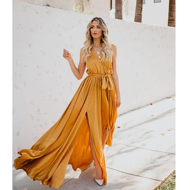 New style women's 2020 summer Bohemian solid V neck sleeveless high slit big swing long dress