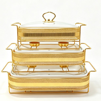 Pemanas Makanan Lilin, Wadah Sajian Prasmanan Persegi Panjang Keramik dengan Rak Logam Emas untuk Pesta Pernikahan dan Prasmanan