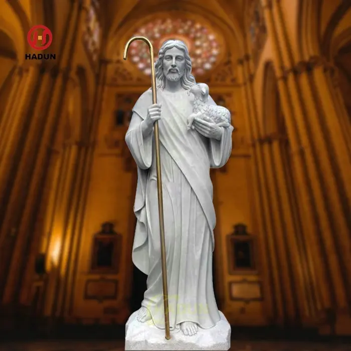 Hand geschnitzter Marmor Barmherziger Jesus in Lebensgröße im Freien mit Lamm kirchen statue
