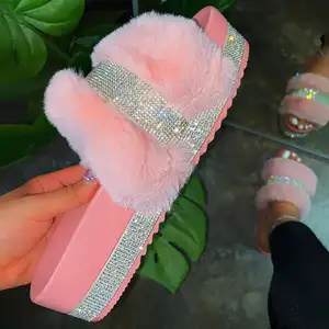 wholesale adult fashion fur sandals custom furry rabbit fur bling slides for women