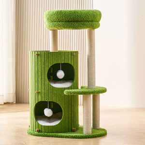 Arbre à chat et lit pour chat combinés, 2 niveaux, en MDF vert massif avec niche pour l'intimité des chats de taille moyenne - Product Image 1