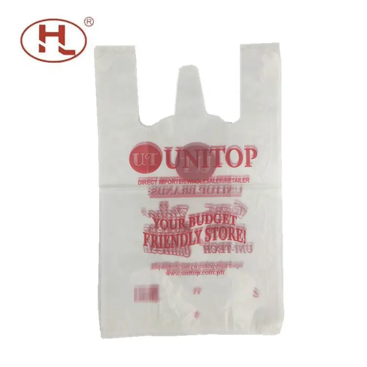 Tek kullanımlık plastik kırmızı baskı şeffaf alışveriş polietilen HDPE plastik T-shirt çanta