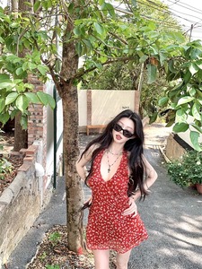 <span class=keywords><strong>Vestido</strong></span> <span class=keywords><strong>corto</strong></span> de chifón <span class=keywords><strong>rojo</strong></span> floral sin espalda para mujer, diseño de falda ajustada de verano con cintura estrecha y corte en A, Bdbh - Product Image 1