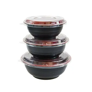 품질 블랙 레드 일회용 플라스틱 식품 용기 수프 샐러드 국수 마이크로파 찌를 수프 그릇 OPS 뚜껑