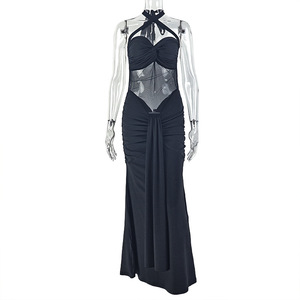 Vestido maxi de noche para mujer con cuello halter, malla calada, fruncido, drapeado y abertura - Moda - Product Image 6
