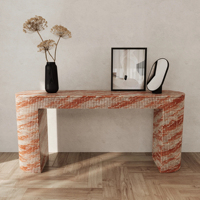 Table console en marbre Dream Home, plateau oblong cannelé, structure en U rainurée, base texturée cannelée, meuble d'appoint moderne pour entrée