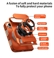 Coque arrière multifonctionnelle avec fenêtre coulissante pour appareil photo pour iPhone Duo, étui de téléphone antichoc avec support anneau pour modèle Android