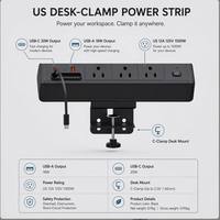Multiprise de bureau à fixation par pince standard US, 3 prises, USB-C 20W, USB-A 18W, charge rapide, sans perçage, pince en C pour mobilier de bureau