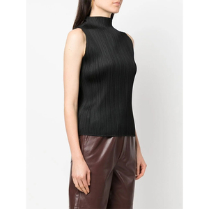 Top de Verano Elegante de Alta Calidad para Mujer, Negro, Sin Mangas, Cuello Alto, Cuello Alto con Pliegues Verticales, Cuello Alto con Ribetes - Product Image 1