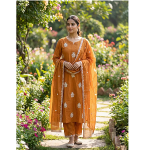 Ensemble de costume en coton brodé couleur moutarde pour femme, élégant ensemble ethnique Kurta, pantalon et dupatta, décontracté, séchage rapide, sans plis - Product Image 1