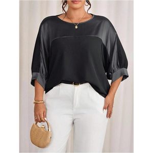 Blusa de Talla Grande para Mujer FOXA, Manga 3/4, Cuello Redondo, Satén de Seda, Manga Murciélago, Diseño Empalmado, Elegante, Casual, para Salir - Product Image 5