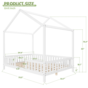 Cama Infantil de Tamaño Completo, Cama <span class=keywords><strong>Montessori</strong></span> de Madera <span class=keywords><strong>Blanca</strong></span> con Techo y Dosel - Product Image 2