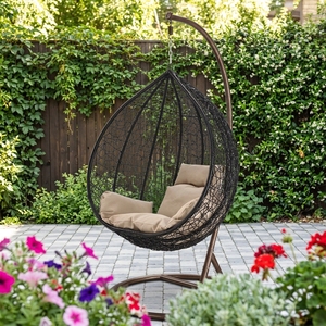 Sedia a dondolo da giardino moderna nordica in rattan, sedia sospesa a forma di uovo con seduta in metallo per 2 persone - Product Image 1