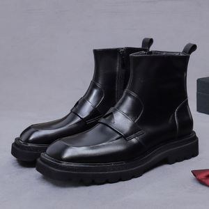 Bottes pour hommes en cuir véritable, style britannique, avec fermeture éclair latérale, chaudes, à bout carré, pour affaires, rehaussantes - Product Image 2
