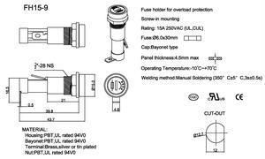 Portafusibles de tubo de vidrio Premium FH30 15A 250V <span class=keywords><strong>Bayoneta</strong></span> de baja capacidad de ruptura 6mm * 30mm Montado en panel para fusibles Premium de 6mm * 30mm - Product Image 5