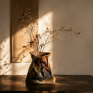 Vase en céramique fait main marbré aux tons terreux, forme sac froissé irrégulière, style Wabi Sabi, pour décoration de table ronde - Product Image 2