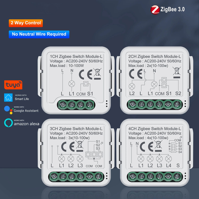 Tuya ZigBee 3.0 Smart Light Switch Module No Neutral Wire Required Works with Alexa Google Home Support 2 Way Control