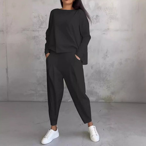 Solid Color Round Neck Long Sleeve Pocket Pants Women's Casual 2 Piece <b>Set</b> Fashion - Product Image 4